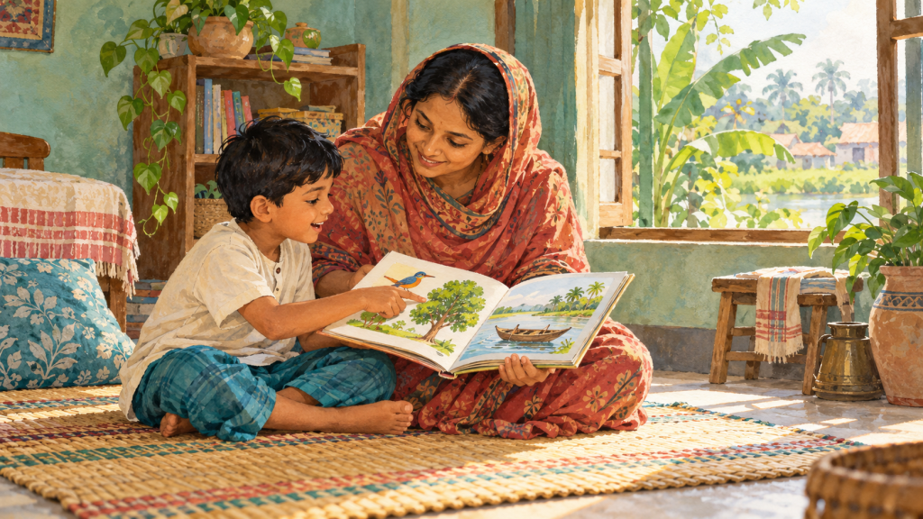 家庭で母親と子どもが絵本を見ながら対話するイラスト / Illustration of a mother and child sharing a picture book at home
