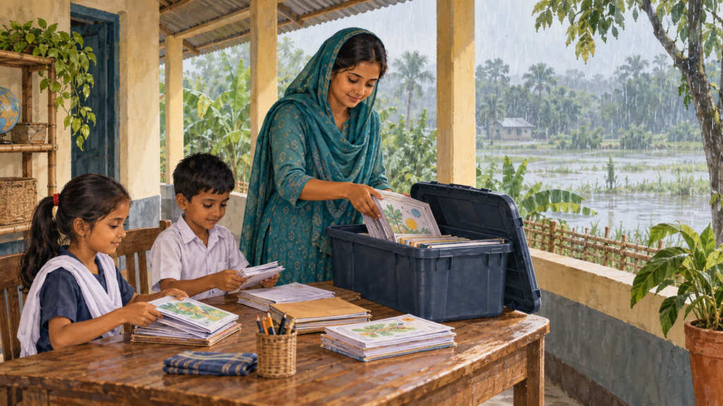 雨季の学校で先生と子どもが紙の教材を準備するイラスト / Illustration of a teacher and children preparing printed learning materials during the monsoon