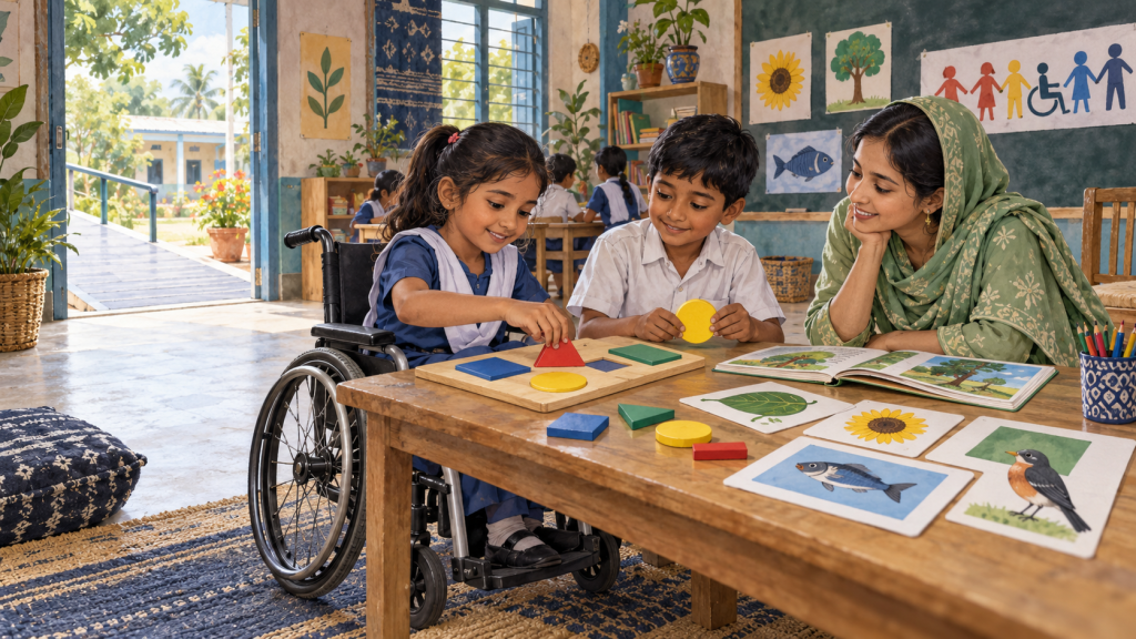 車いすの子どもと同級生が先生と図形教材で学ぶイラスト / Illustration of a child using a wheelchair and a classmate learning with a teacher and tactile shapes